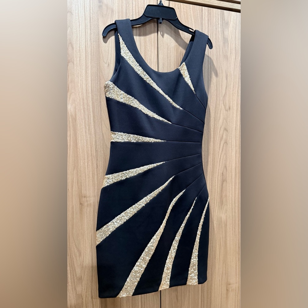 Guess Black Mini Dress with Gold Sequin Sunburst Accents